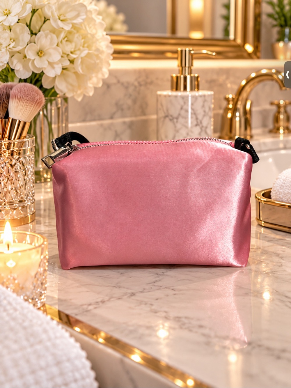 TRULY Pink Satin Cosmetic Pouch with Glazed Donut Lip Oil